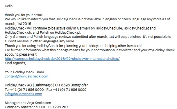 HolidayCheck - Email o omezení funkčnosti